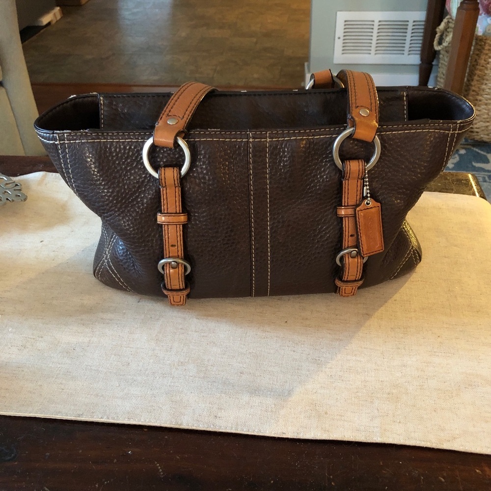 Coach Brown Pebbled Leather Shoulder Bag with Tan Straps